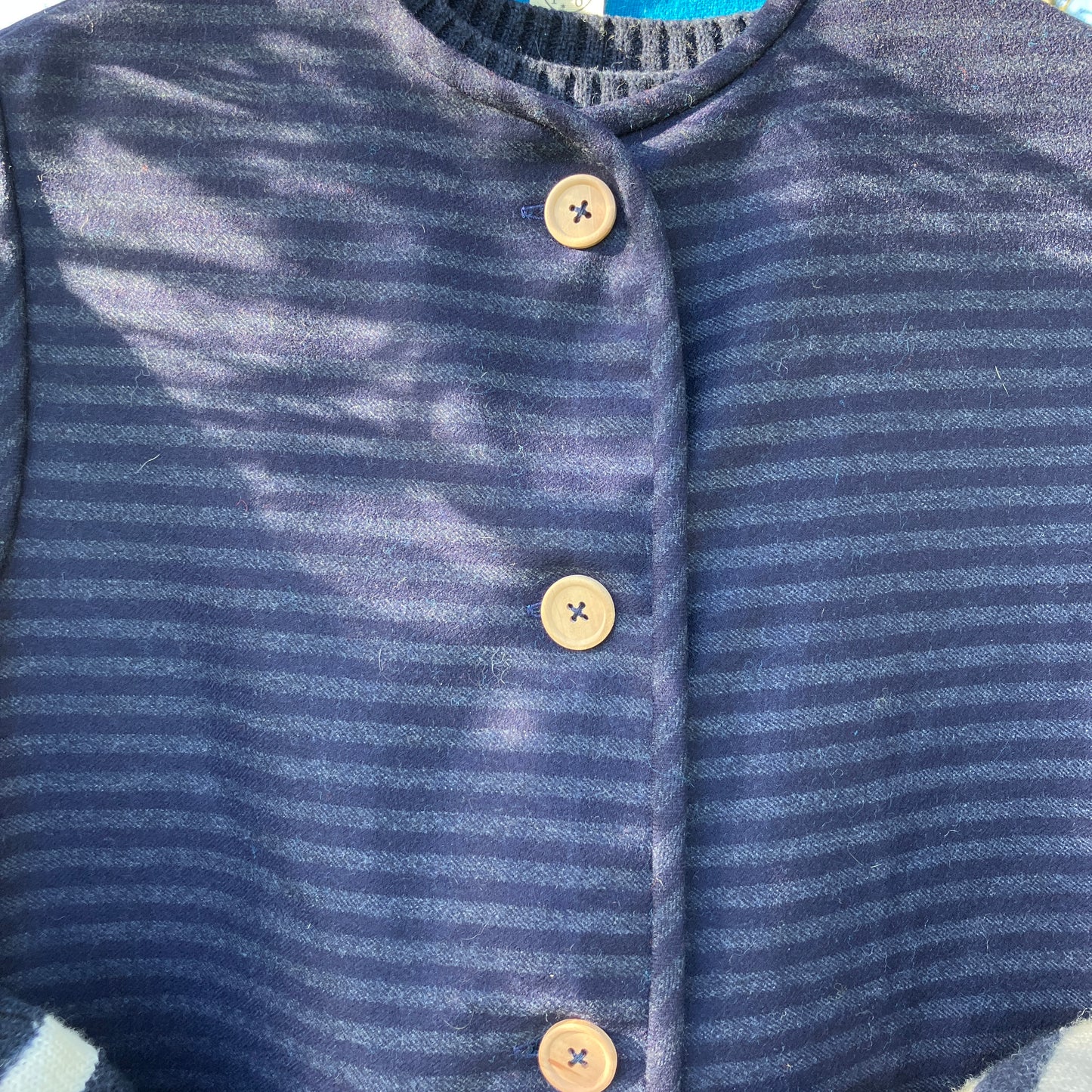 Beautiful quality vintage deadstock blue striped wool vest with found wooden buttons