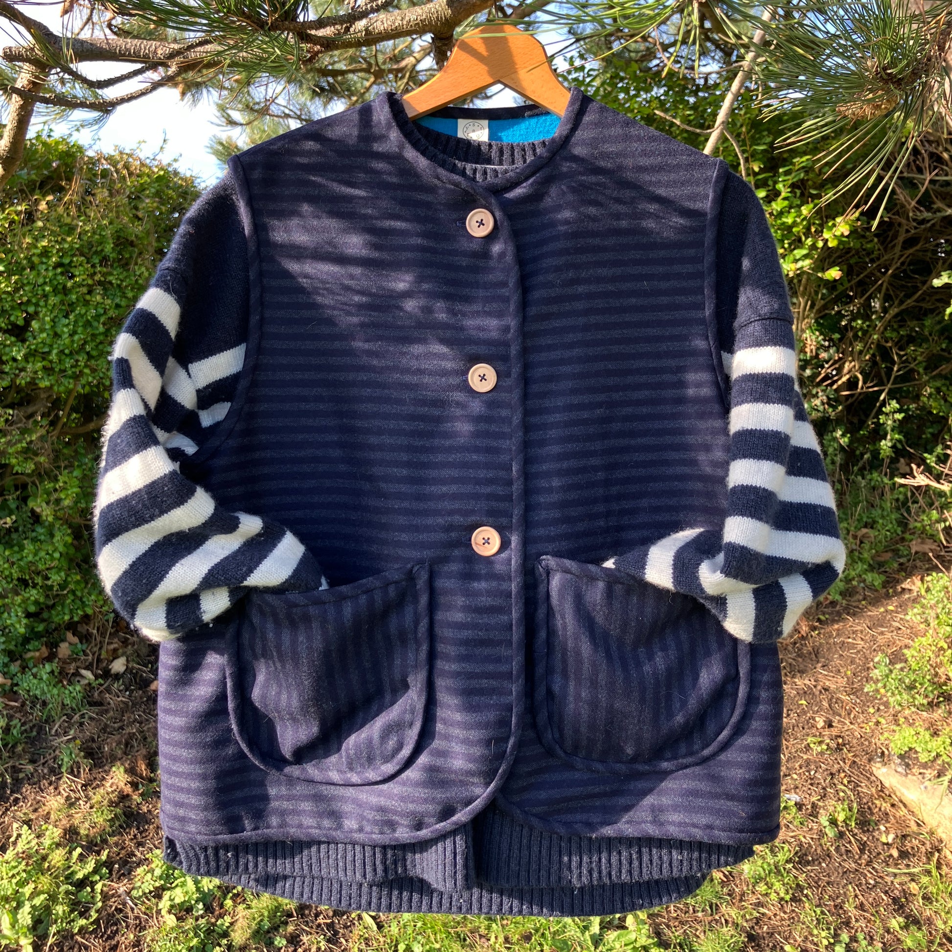 Beautiful quality vintage deadstock blue striped wool vest with found wooden buttons