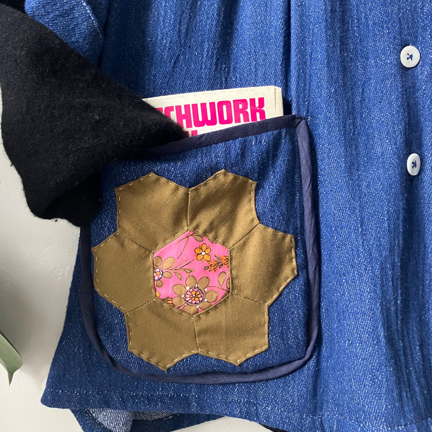Smock top hand made from deadstock denim with thrifted patchwork hexagons on the pockets