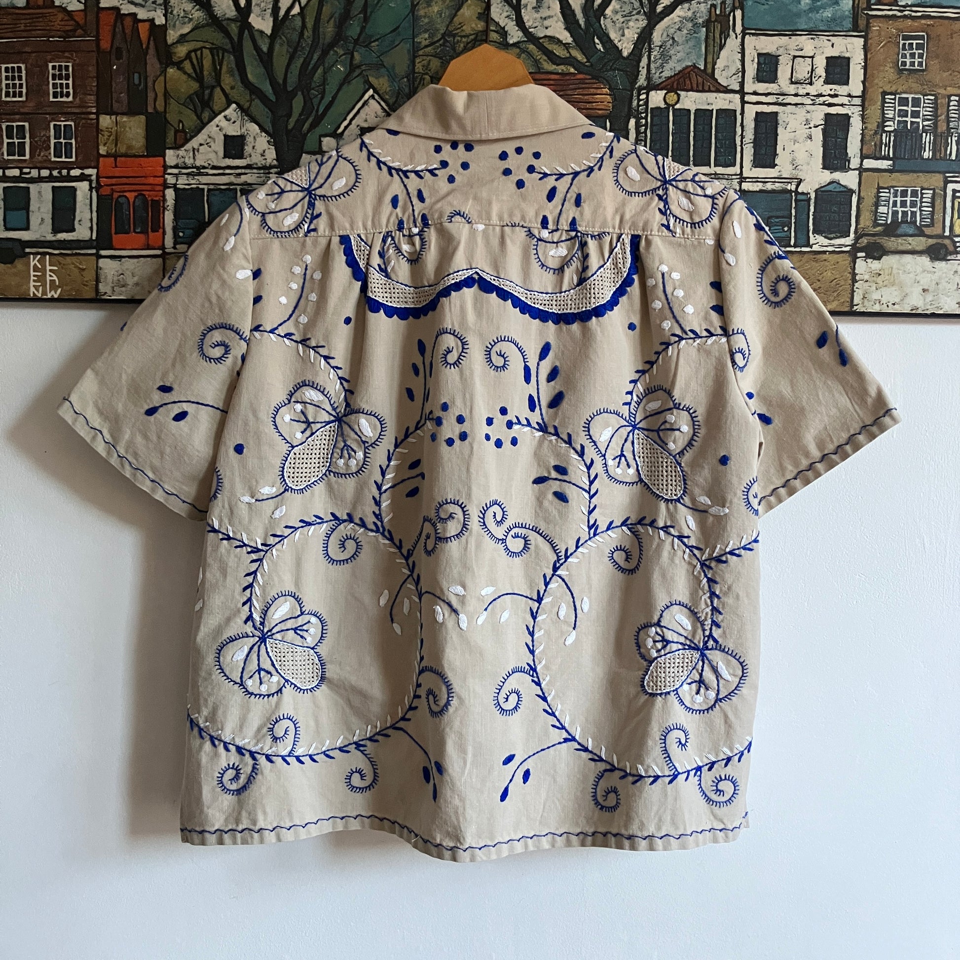 shirt hand made from a recycled embroidered tablecloth