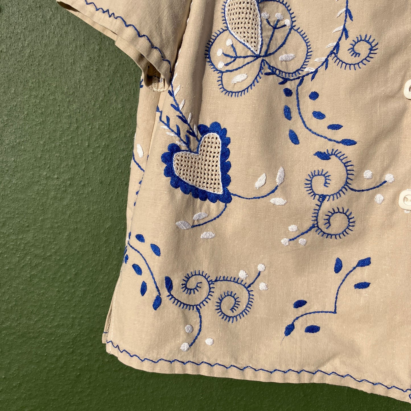 shirt hand made from a recycled embroidered tablecloth