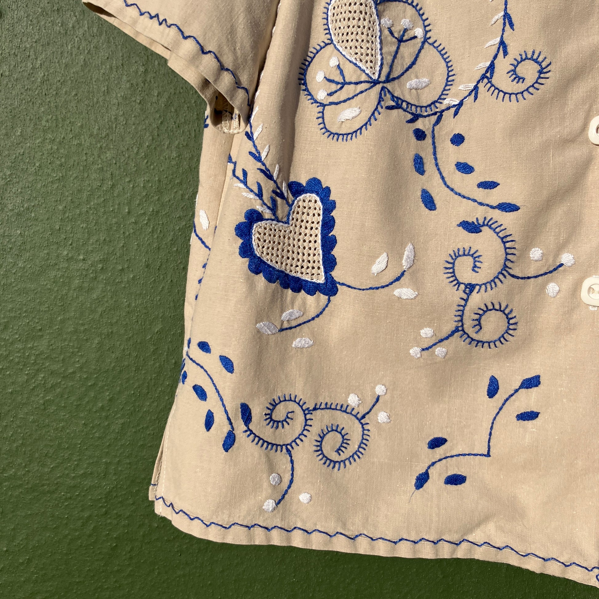 shirt hand made from a recycled embroidered tablecloth