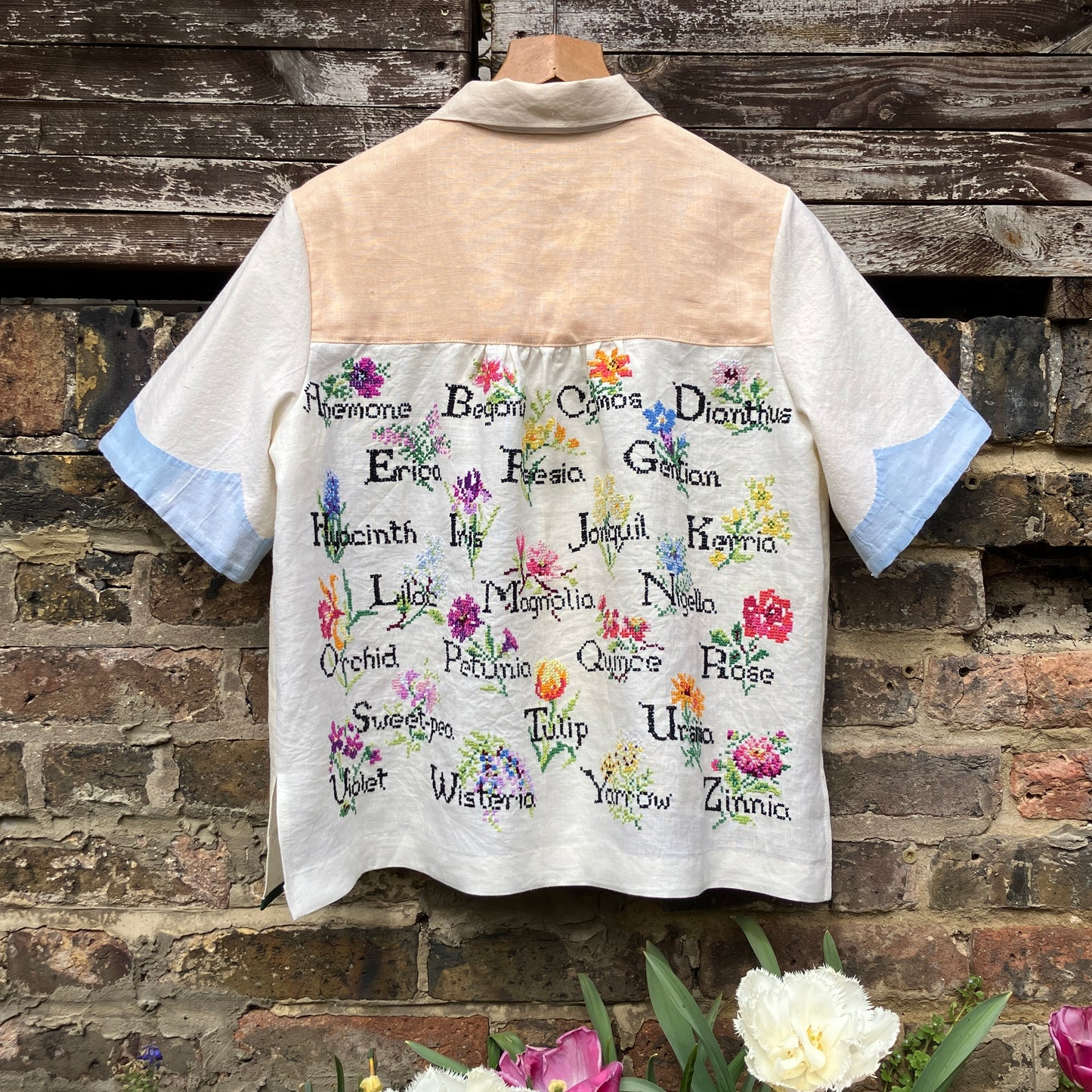 shirt made from vintage cross stitch flowers recycled linen panel