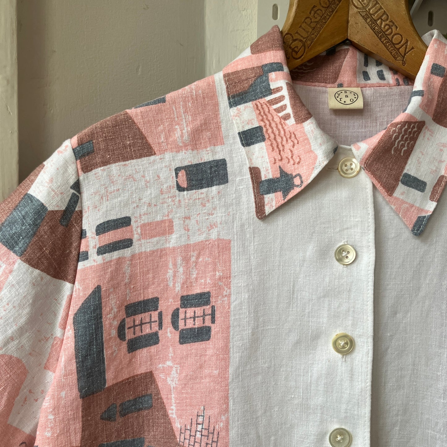 shirt made from a recycled linen tablecloth with a greek village scene