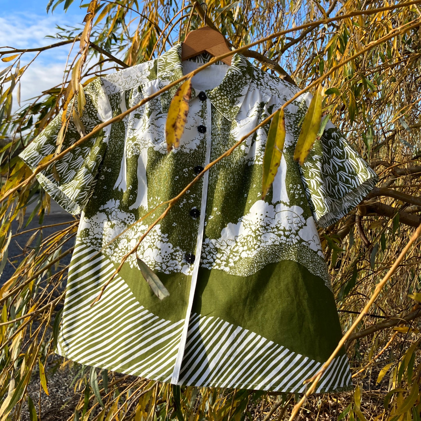 Shirt made from vintage Heals A Country Walk fabric in green and white