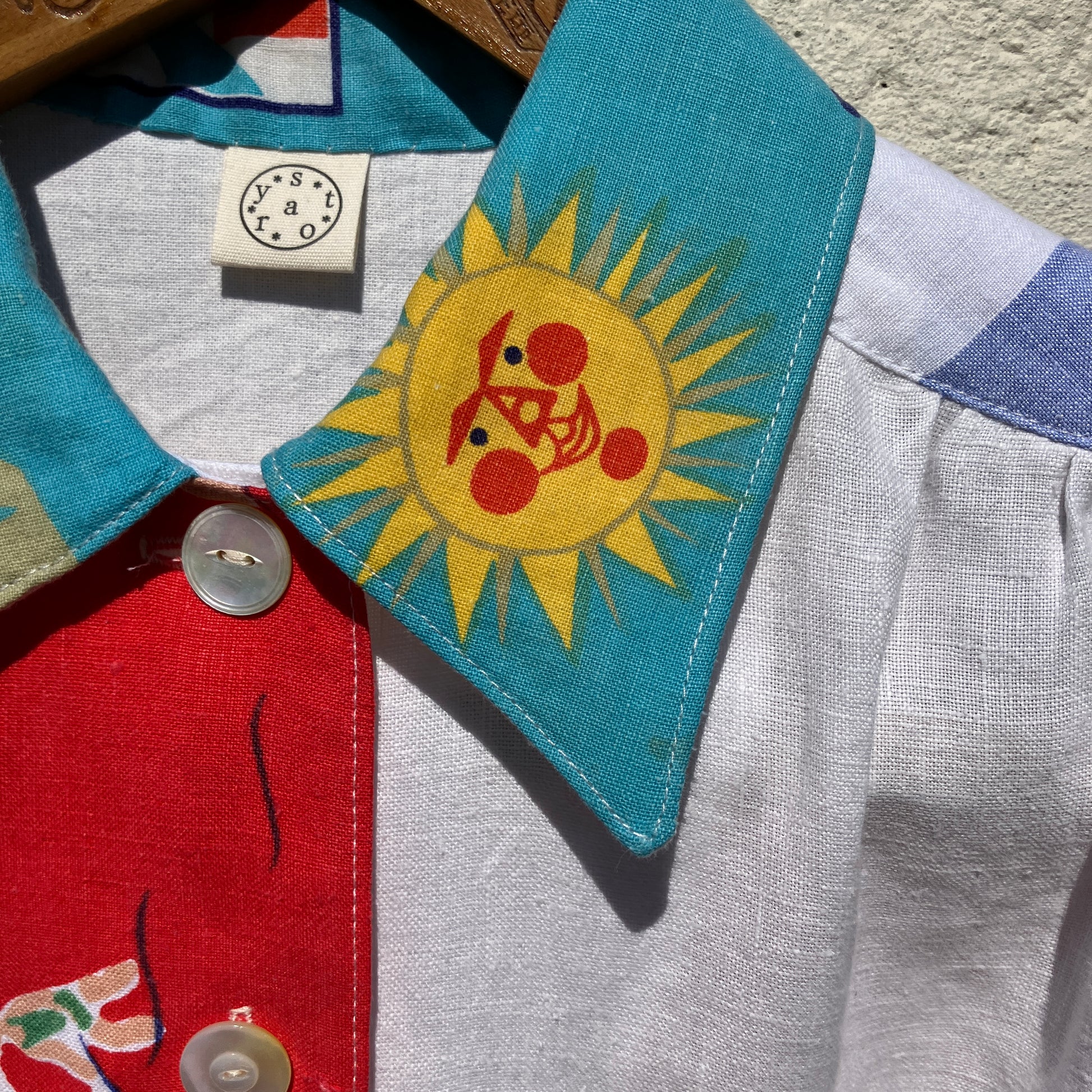 shirt made from a fabulous 1960s linen beach-print tablecloth and holiday souvenir tea towel