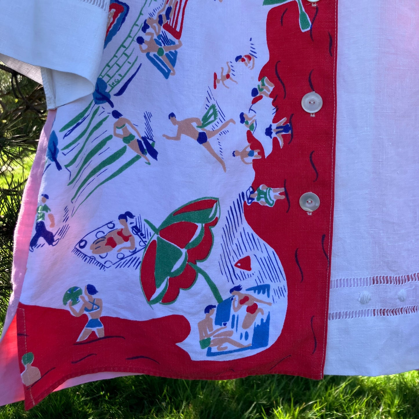 shirt made from a fabulous 1960s linen beach-print tablecloth and holiday souvenir tea towel