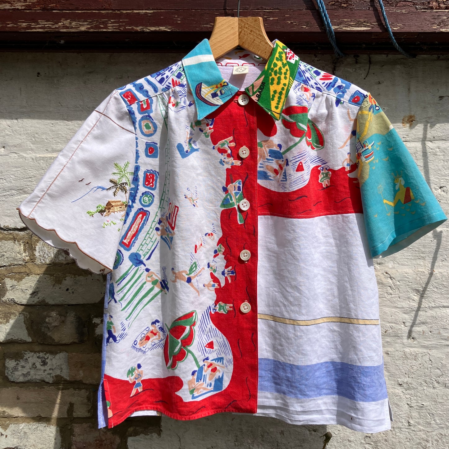 Holiday shirt made from an upcycled beach scenes linen tablecloth