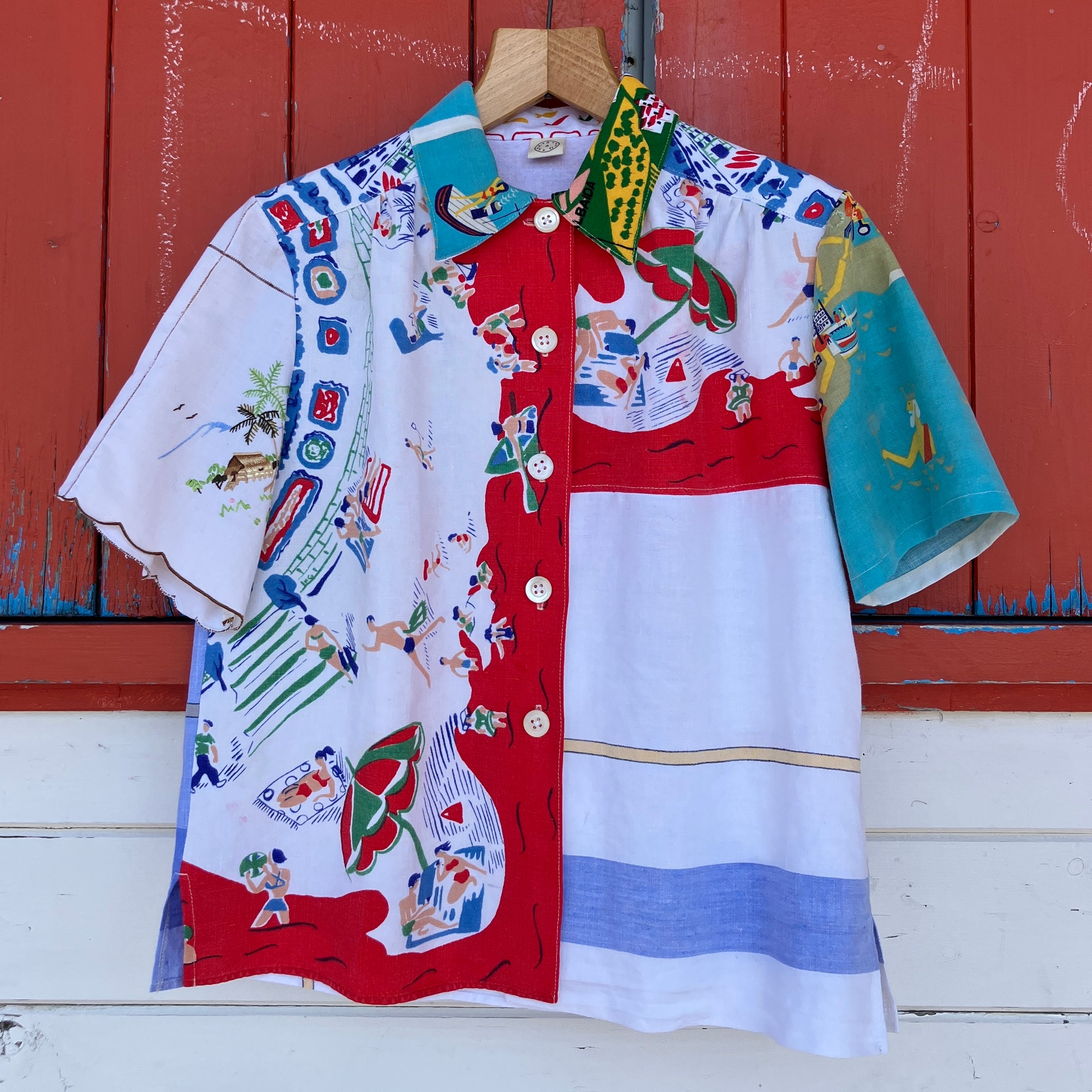 Holiday shirt made from an upcycled beach scenes linen tablecloth