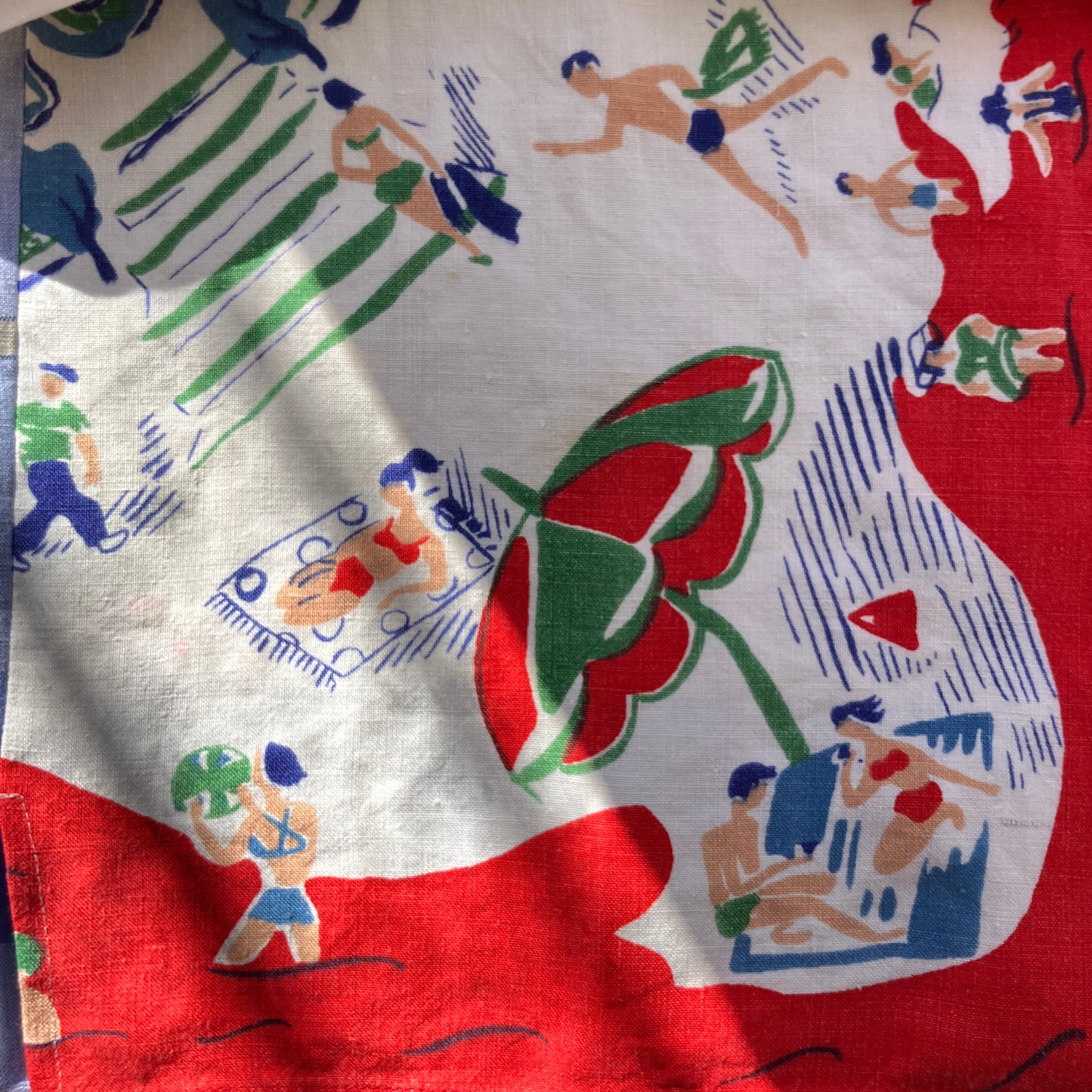 Holiday shirt made from an upcycled beach scenes linen tablecloth
