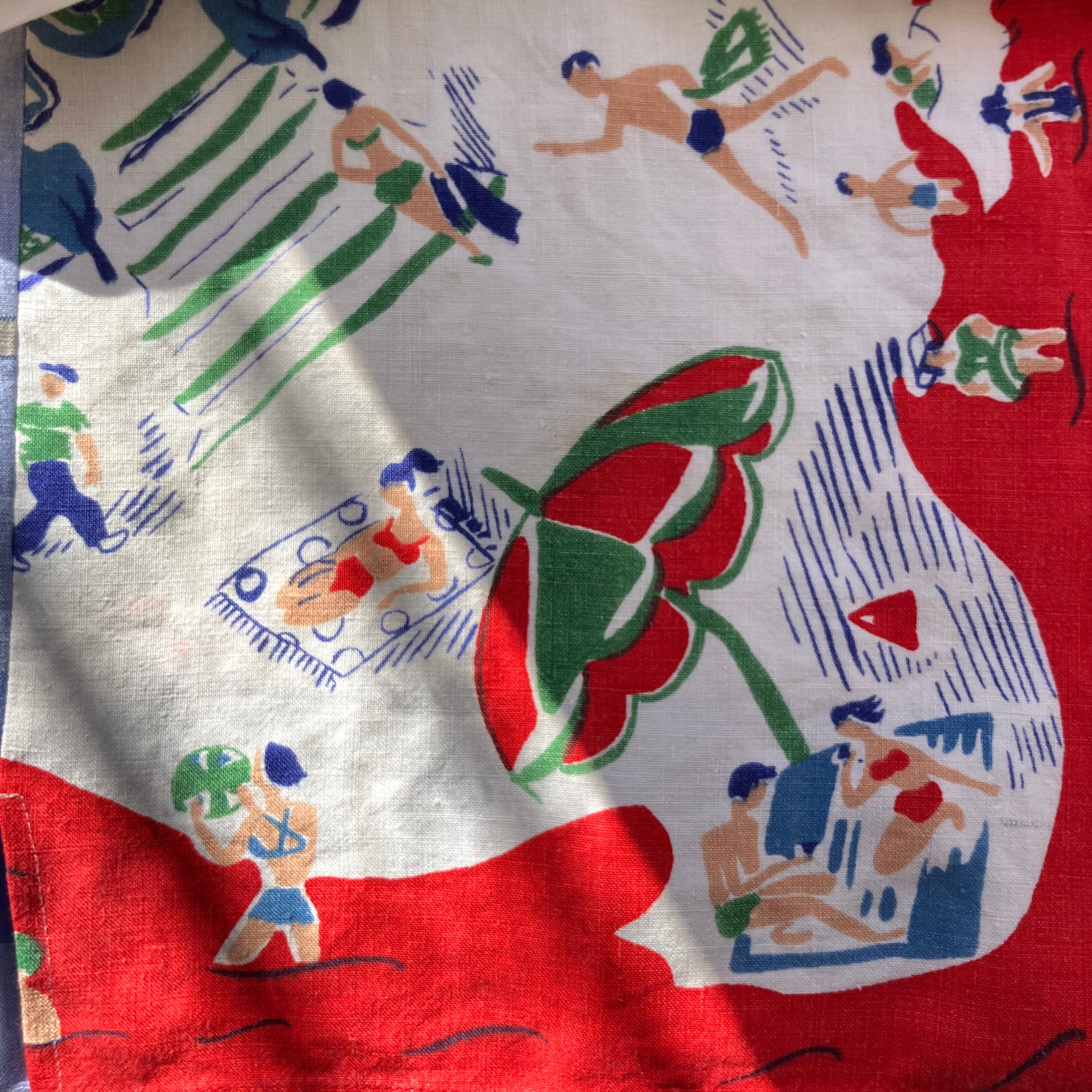 Holiday shirt made from an upcycled beach scenes linen tablecloth