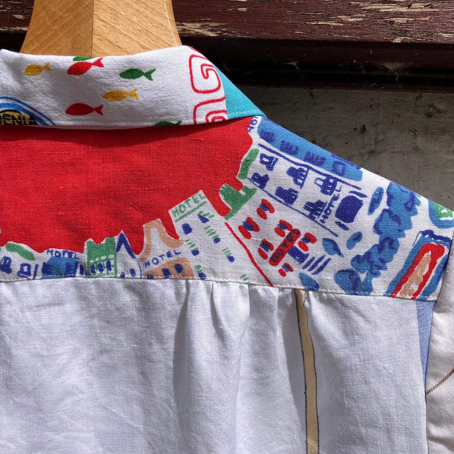 Holiday shirt made from an upcycled beach scenes linen tablecloth