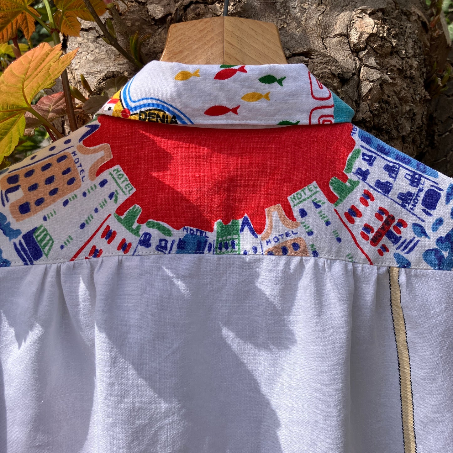Holiday shirt made from an upcycled beach scenes linen tablecloth
