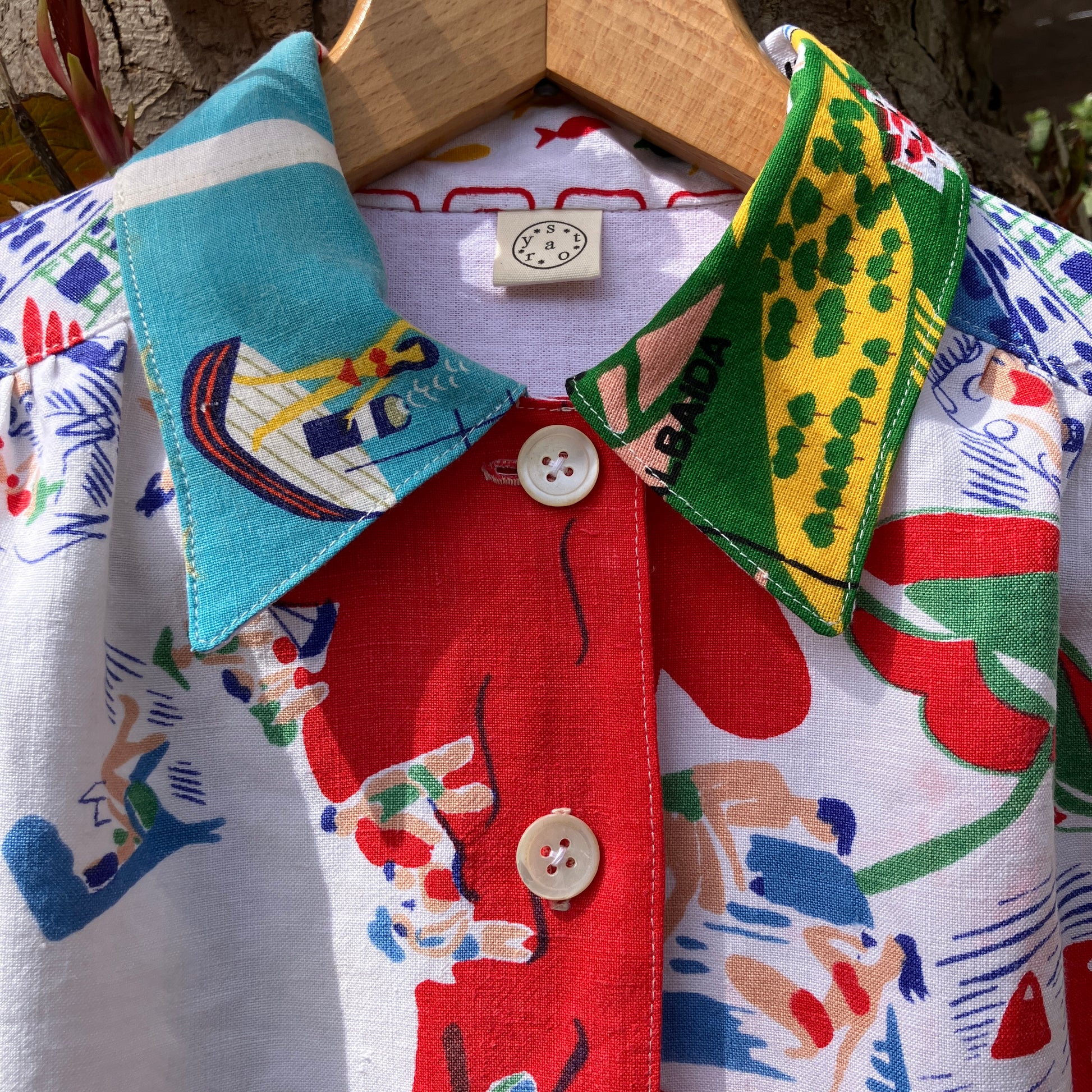 Holiday shirt made from an upcycled beach scenes linen tablecloth