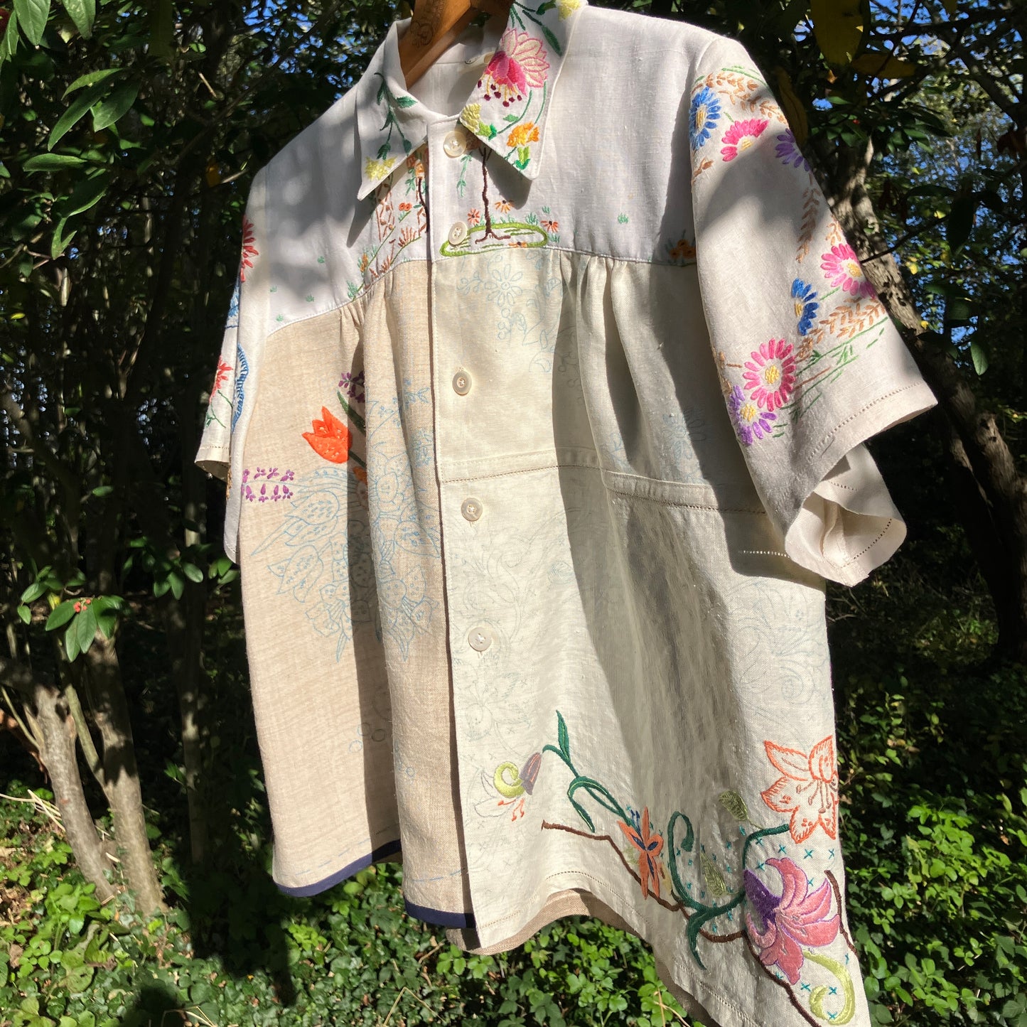 Part-embroidered linen tablecloth shirt