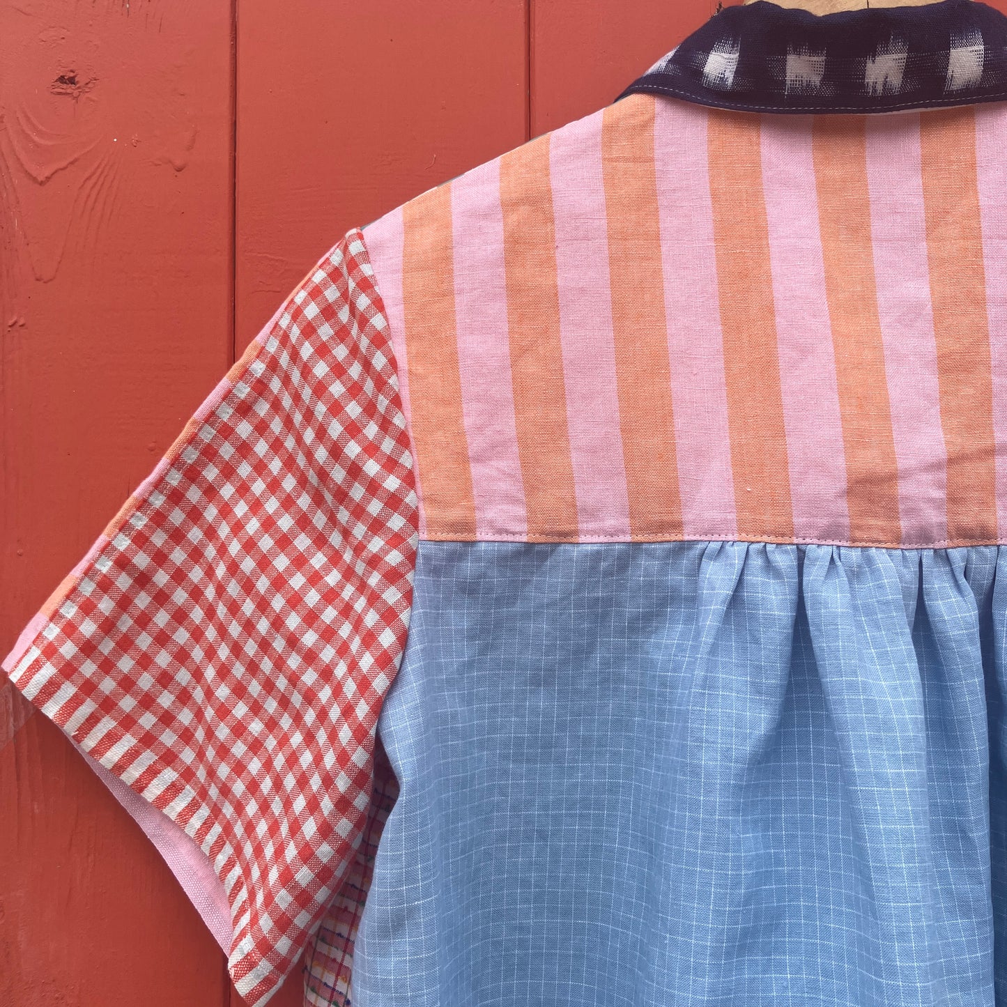 Multicoloured patchwork shirt made from a variety of checked and striped linen offcuts
