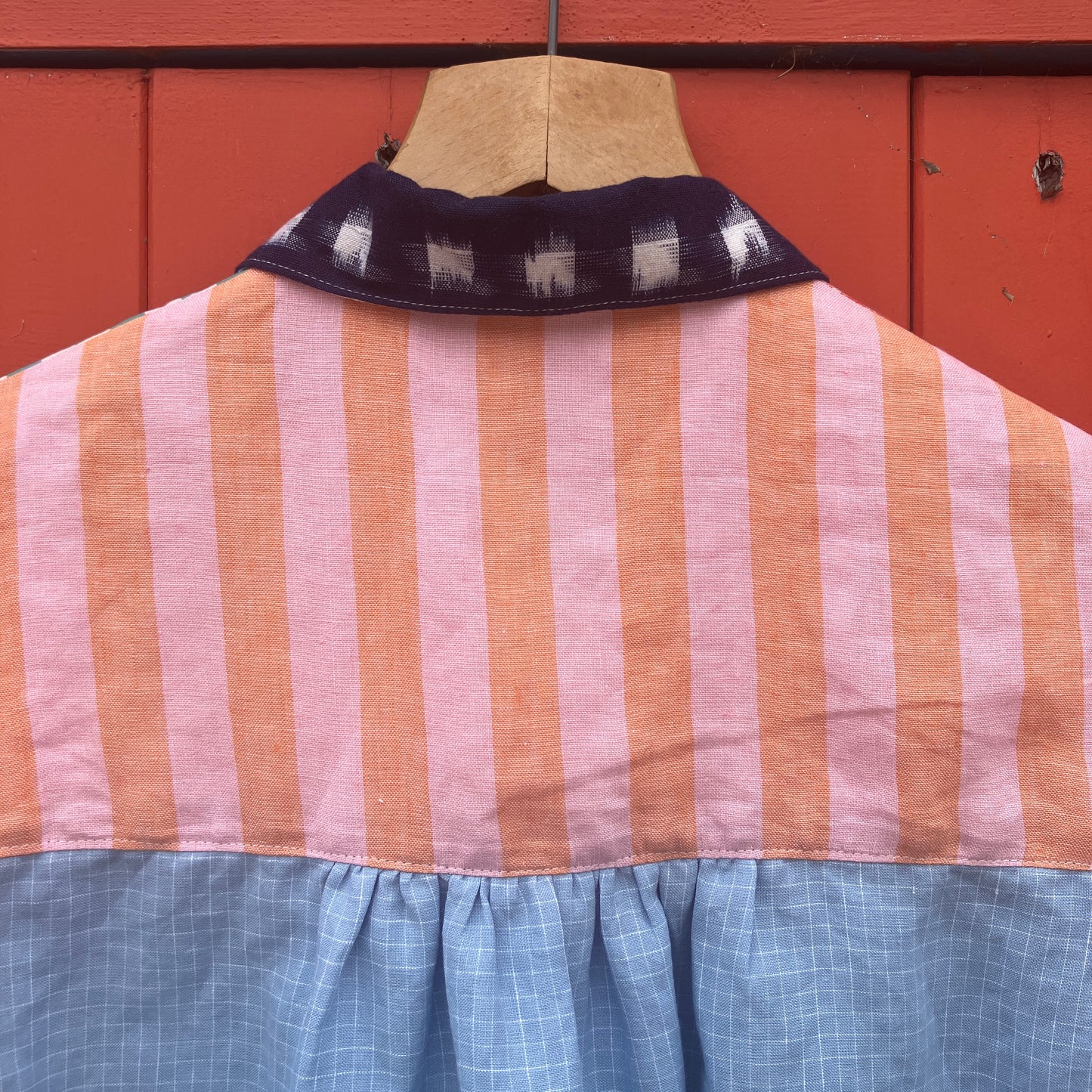 Multicoloured patchwork shirt made from a variety of checked and striped linen offcuts