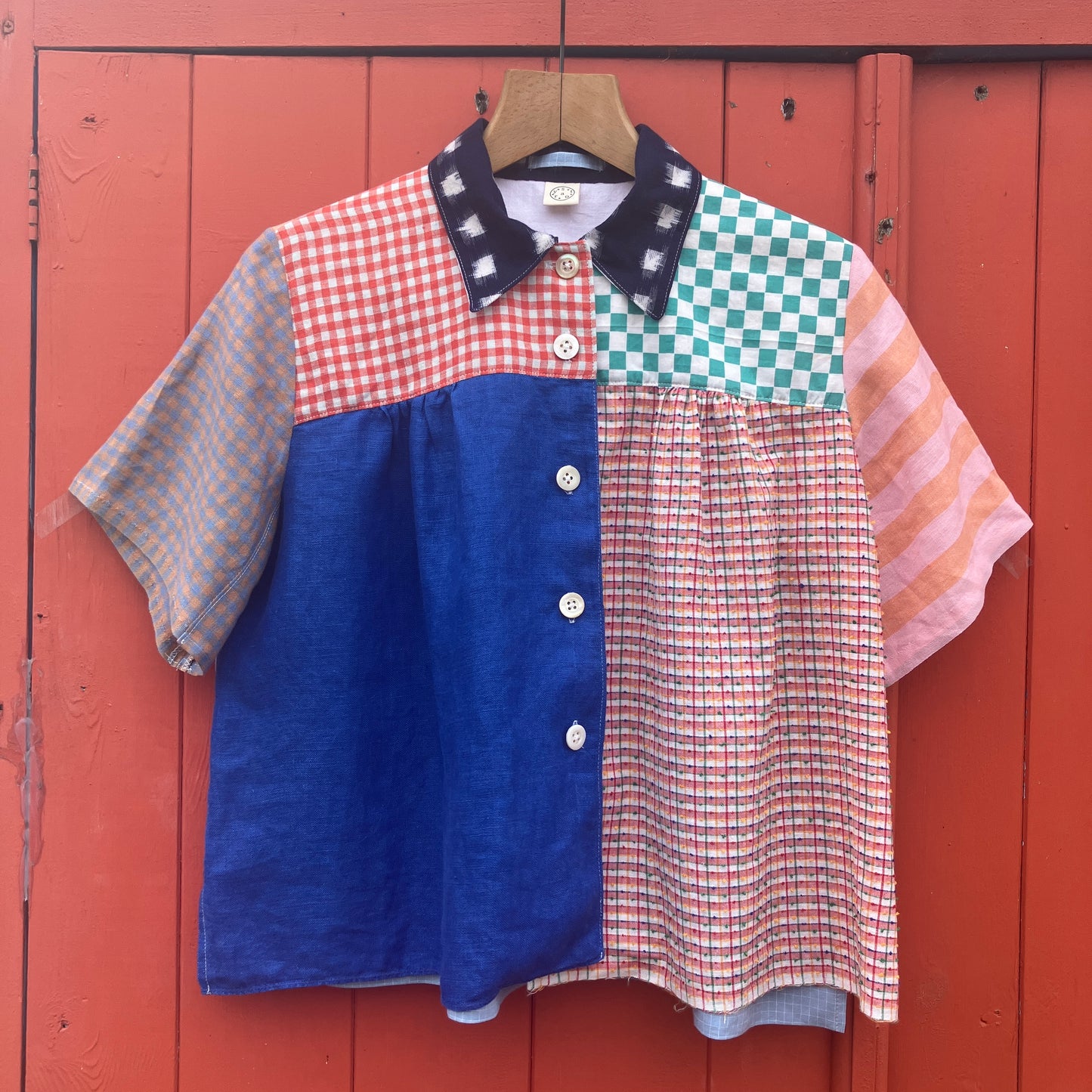 Multicoloured patchwork shirt made from a variety of checked and striped linen offcuts