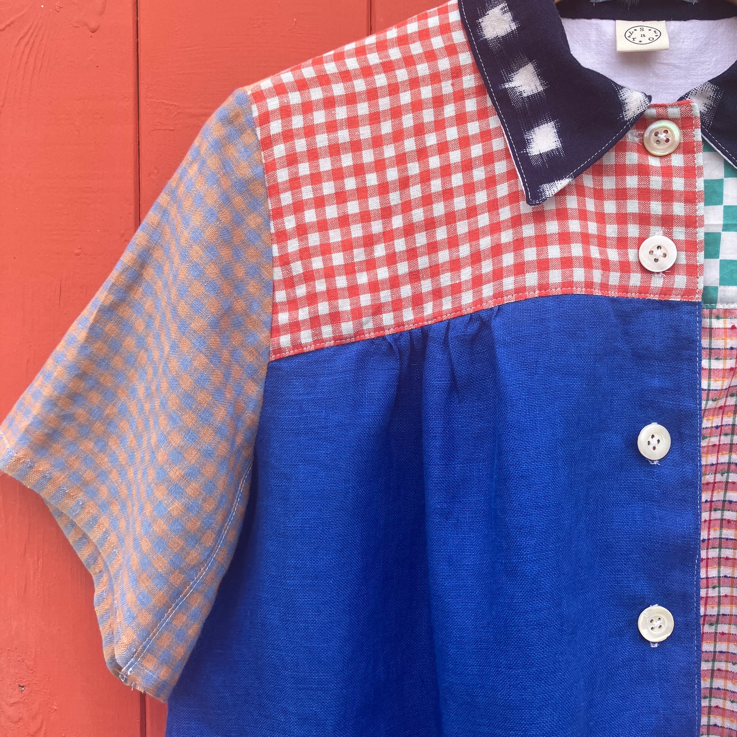 Multicoloured patchwork shirt made from a variety of checked and striped linen offcuts