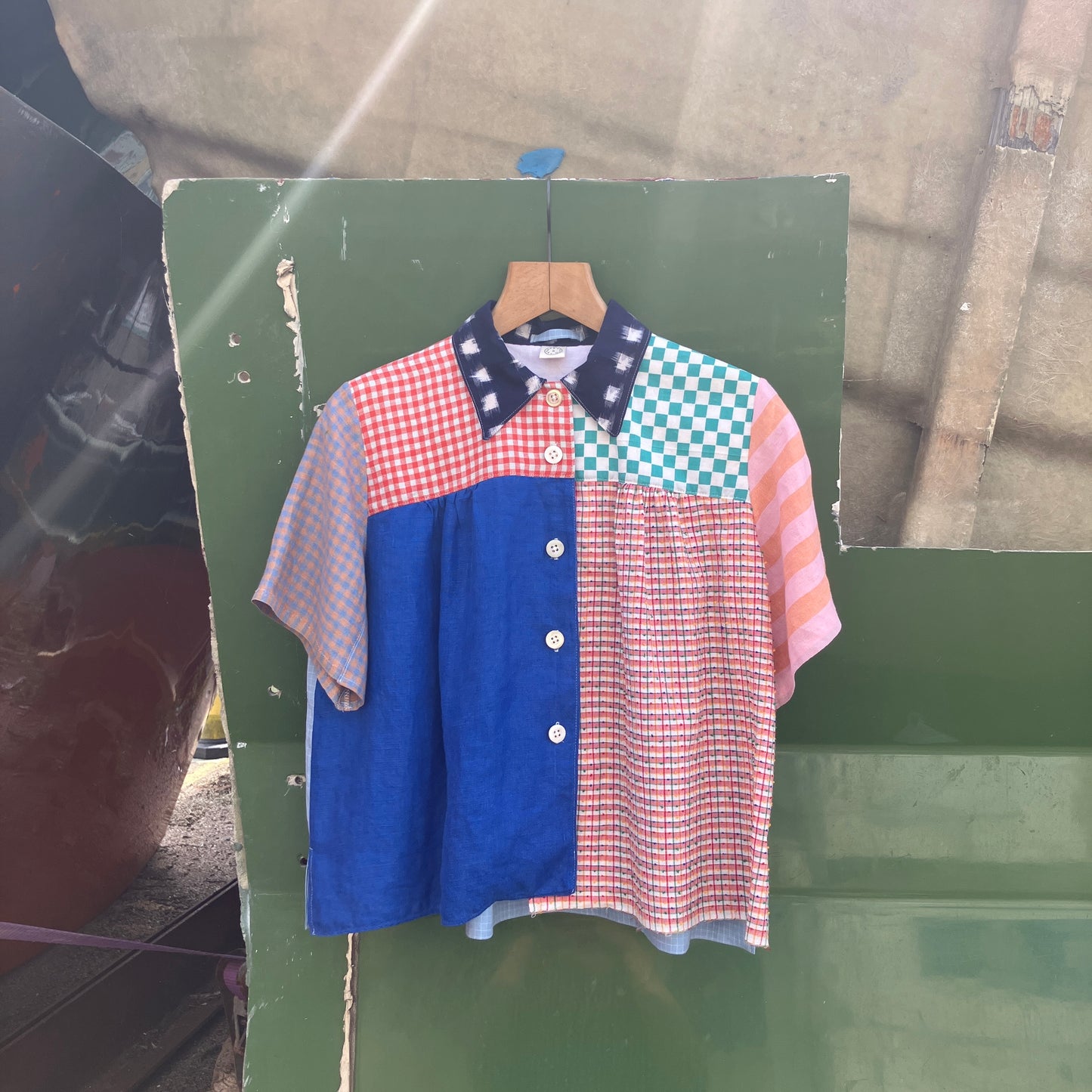 Multicoloured patchwork shirt made from a variety of checked and striped linen offcuts