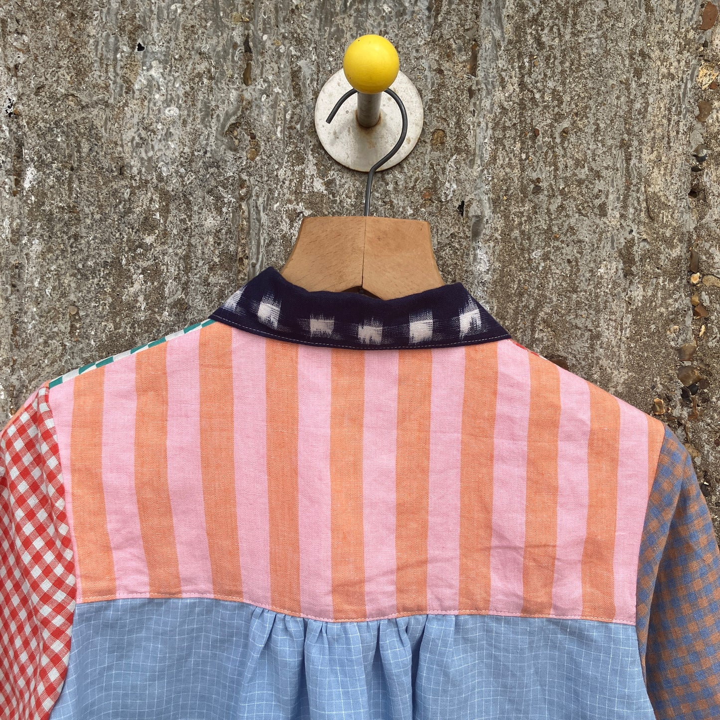 Multicoloured patchwork shirt made from a variety of checked and striped linen offcuts