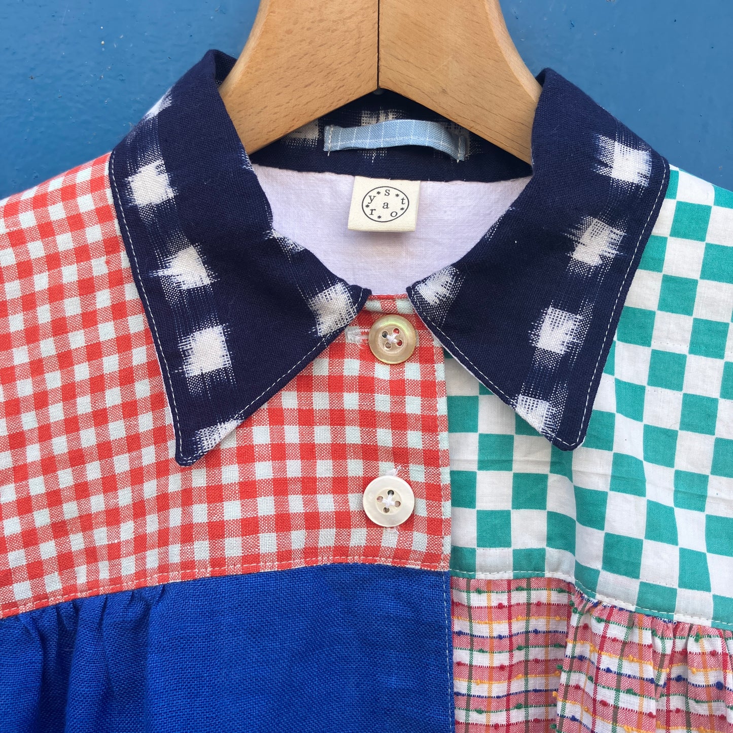 Multicoloured patchwork shirt made from a variety of checked and striped linen offcuts