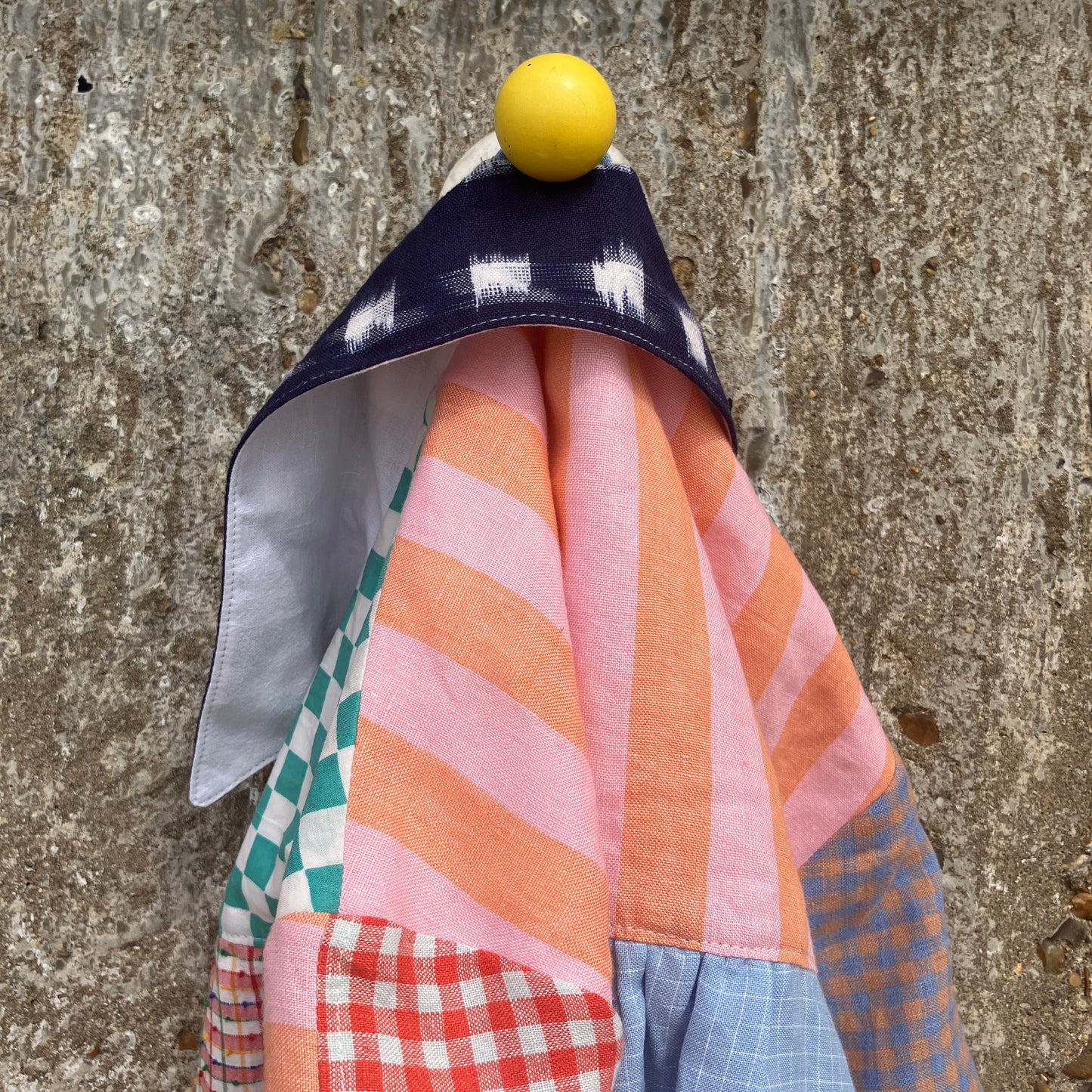 Multicoloured patchwork shirt made from a variety of checked and striped linen offcuts