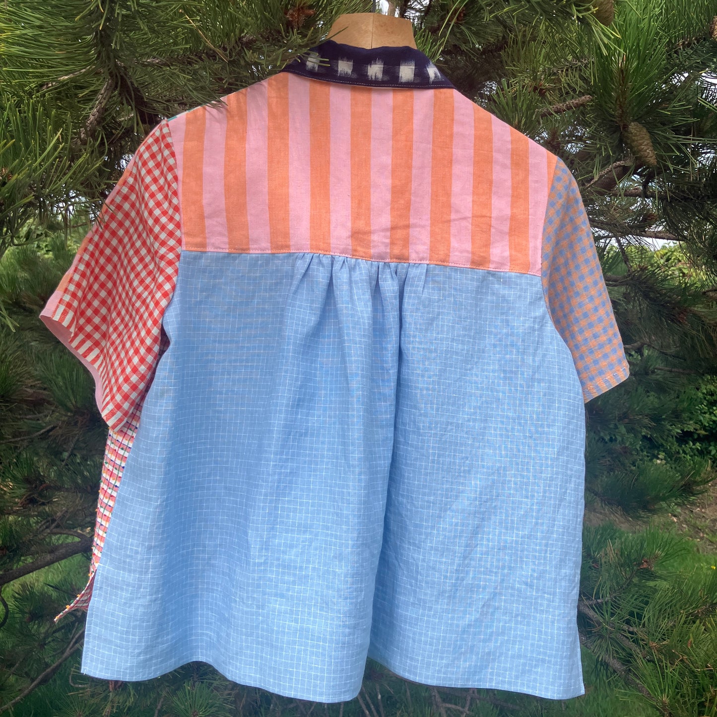 Multicoloured patchwork shirt made from a variety of checked and striped linen offcuts