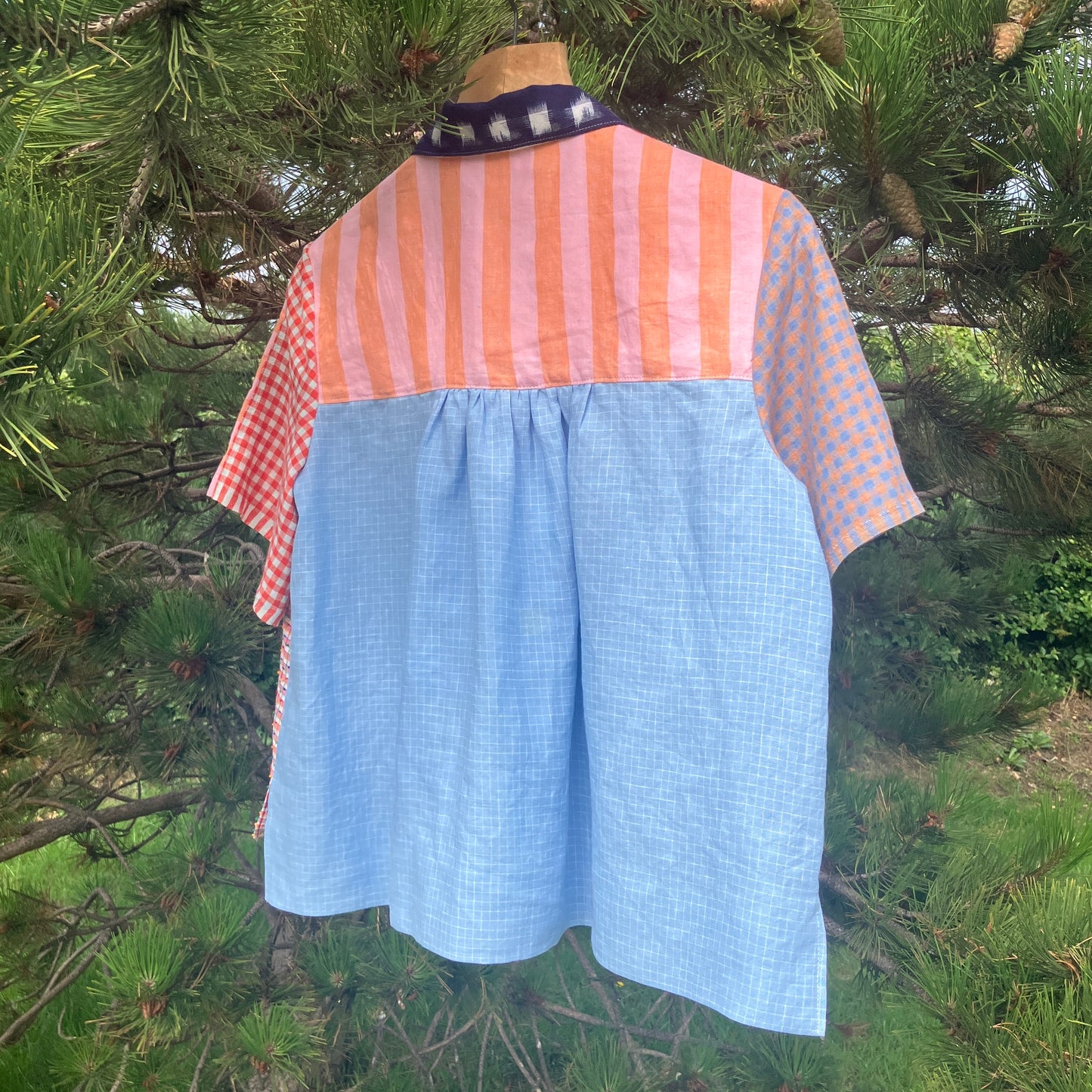Multicoloured patchwork shirt made from a variety of checked and striped linen offcuts