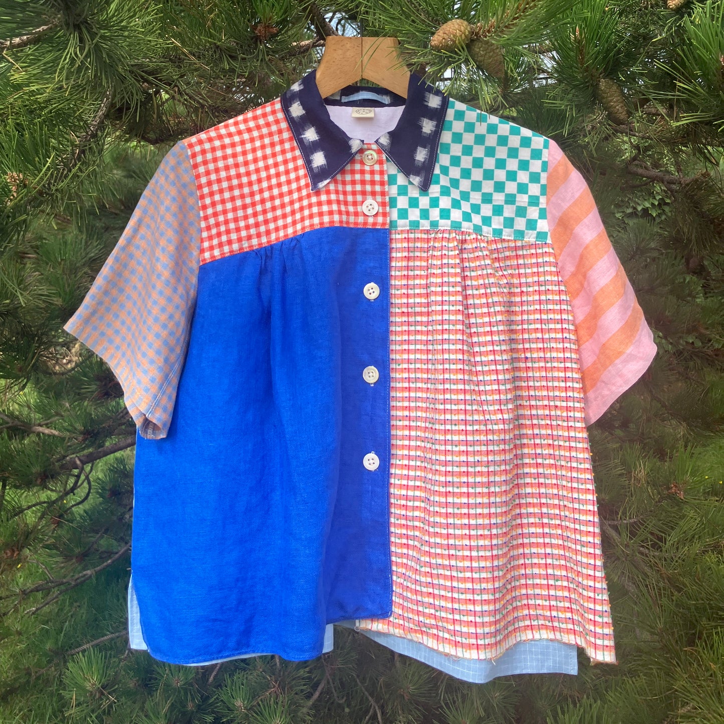 Multicoloured patchwork shirt made from a variety of checked and striped linen offcuts