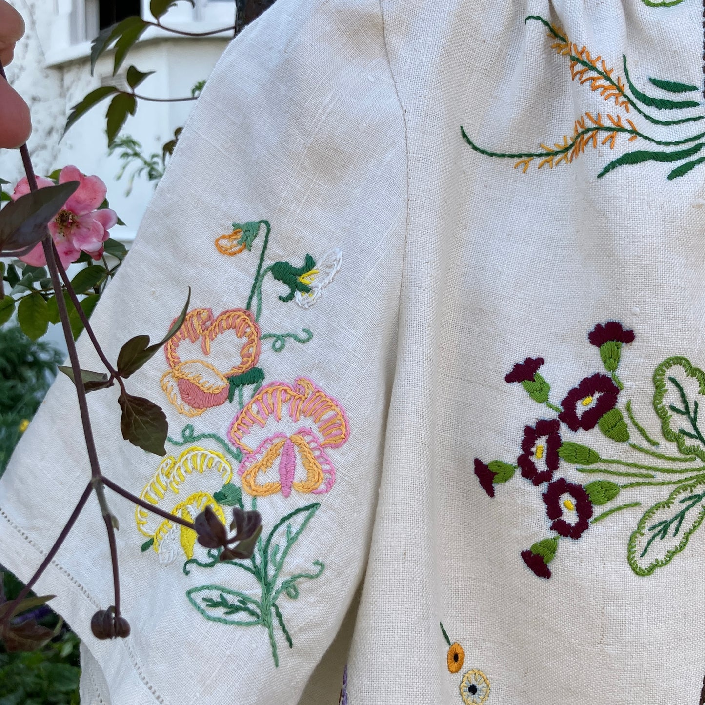 shirt made from a patchwork of reclaimed vintage linen tablecloths