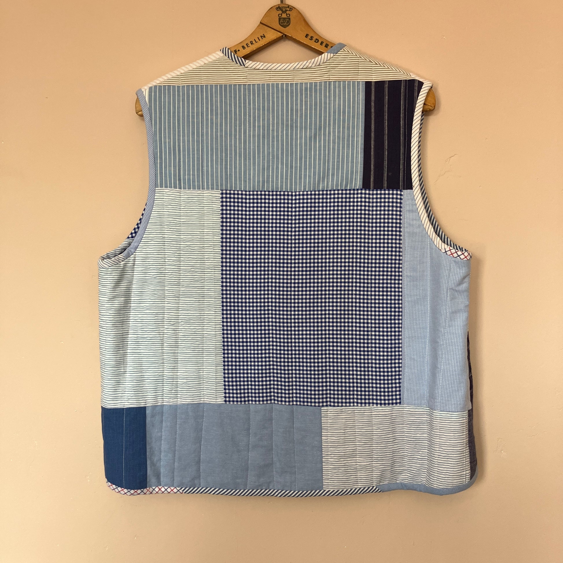 tie front quilted vest/waistcoat made from recycled men's cotton shirts in shades of blue