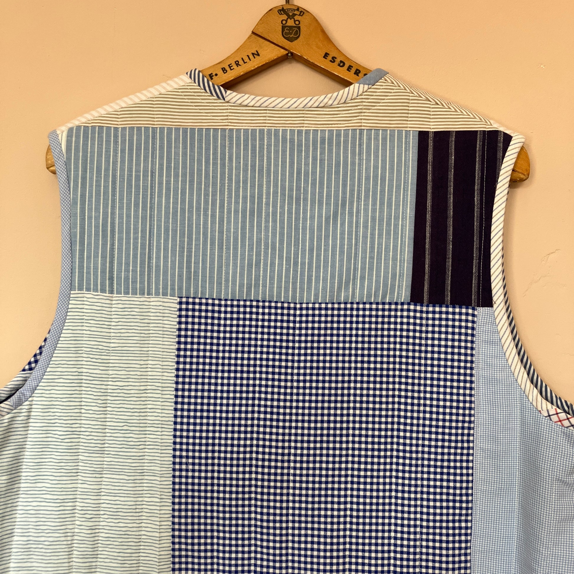 tie front quilted vest/waistcoat made from recycled men's cotton shirts in shades of blue