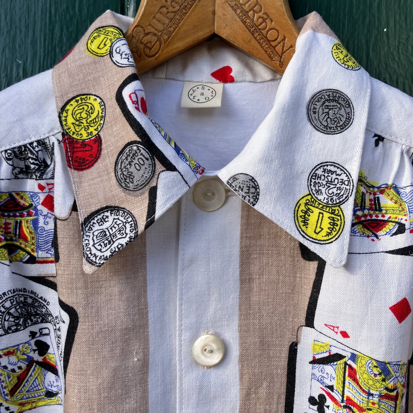 Shirt made from a vintage recycled tablecloth with playing cards print