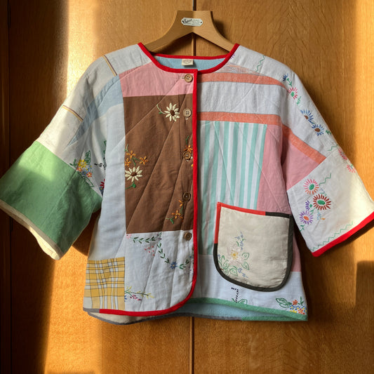 Quilted patchwork recycled tablecloth top/jacket