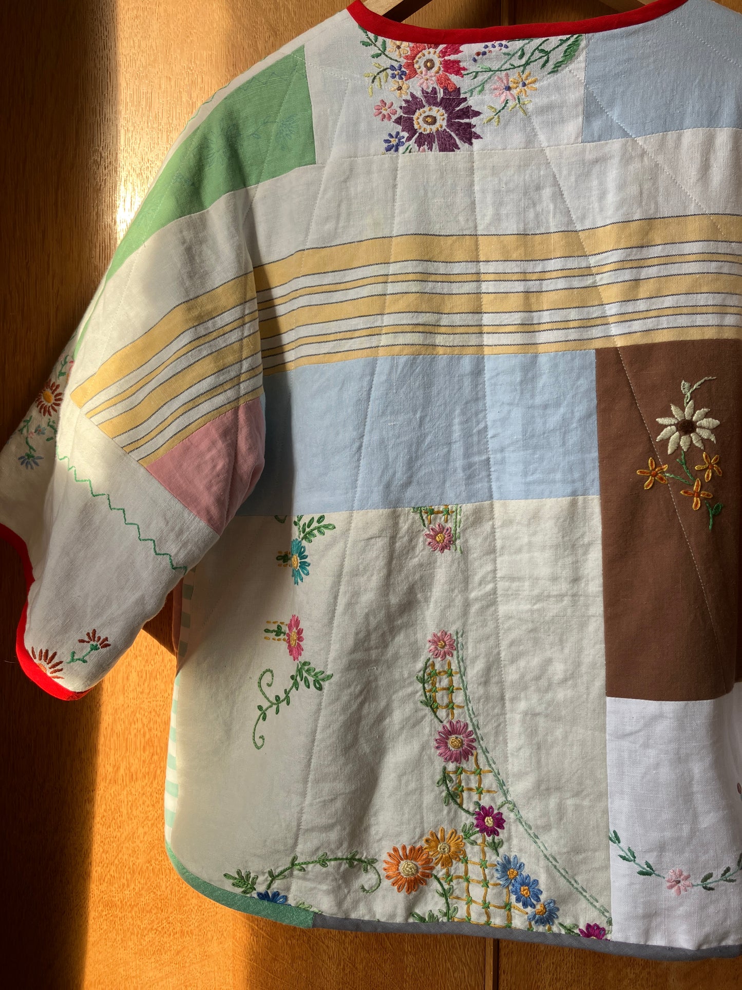 Quilted patchwork recycled tablecloth top/jacket