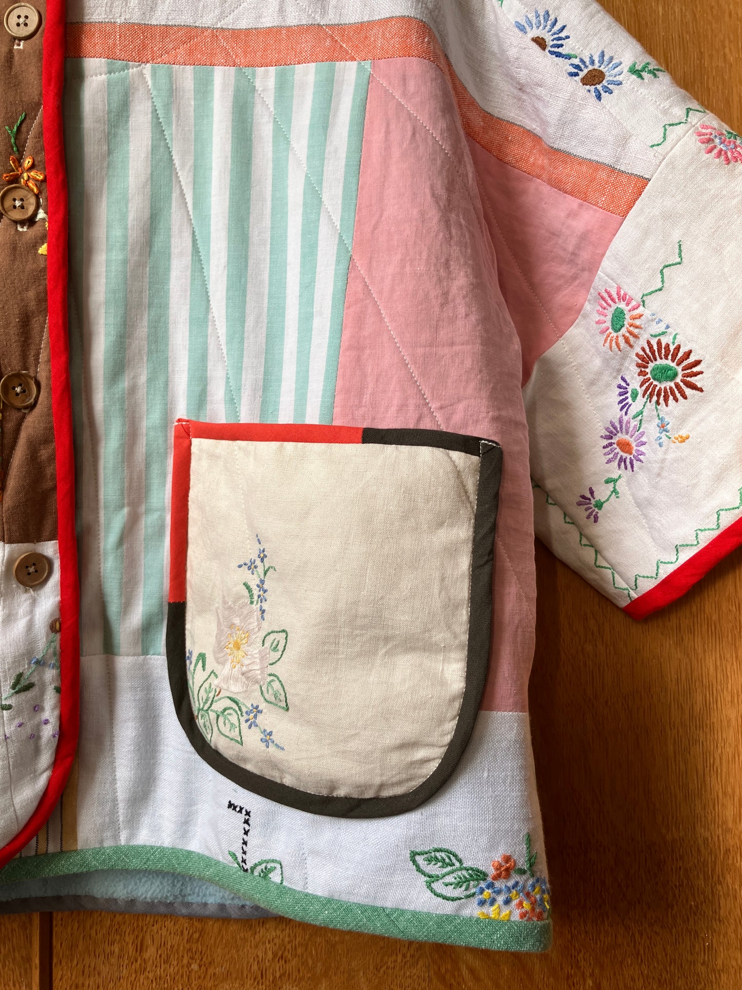 Quilted patchwork recycled tablecloth top/jacket