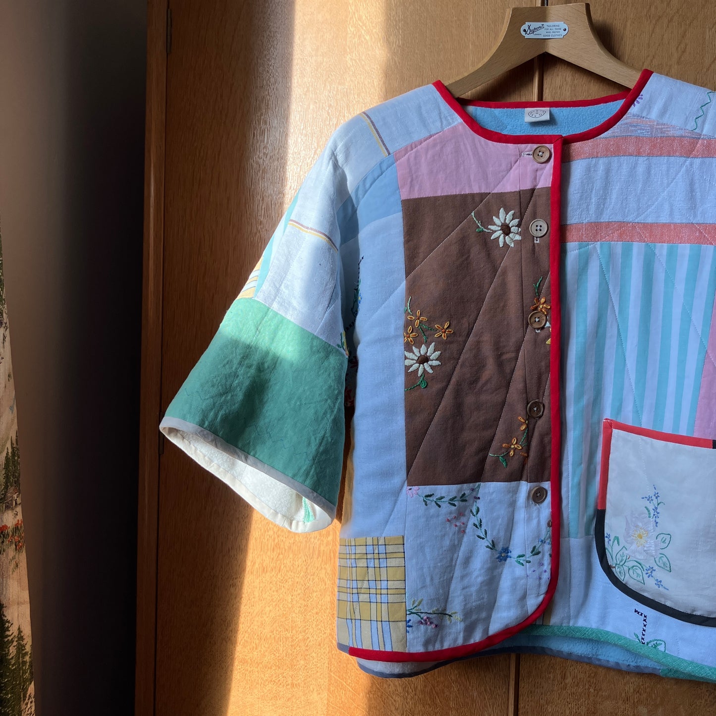 Quilted patchwork recycled tablecloth top/jacket
