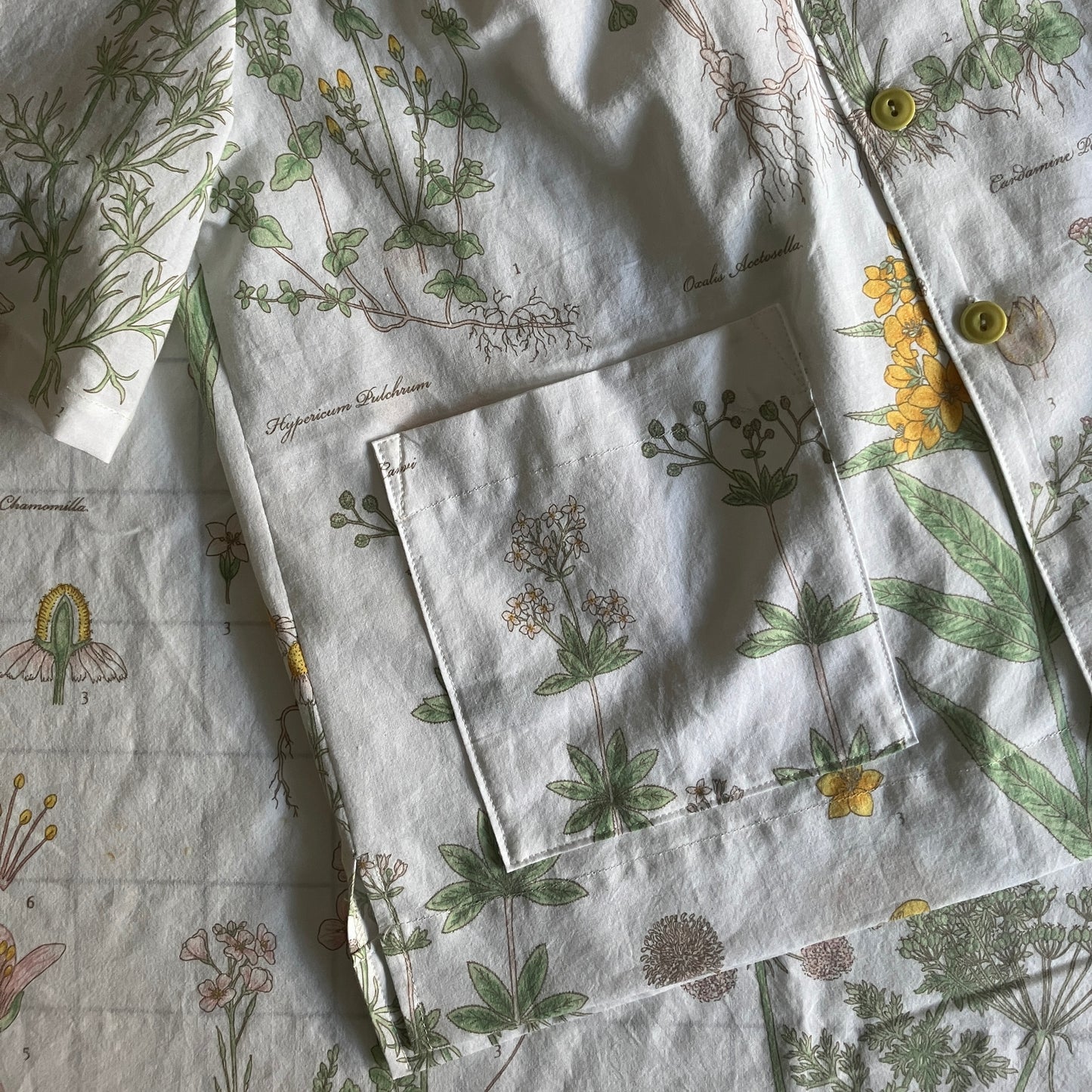 botanical print shirt made from recycled vintage bedding
