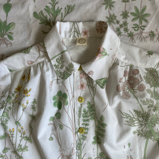 botanical print shirt made from recycled vintage bedding