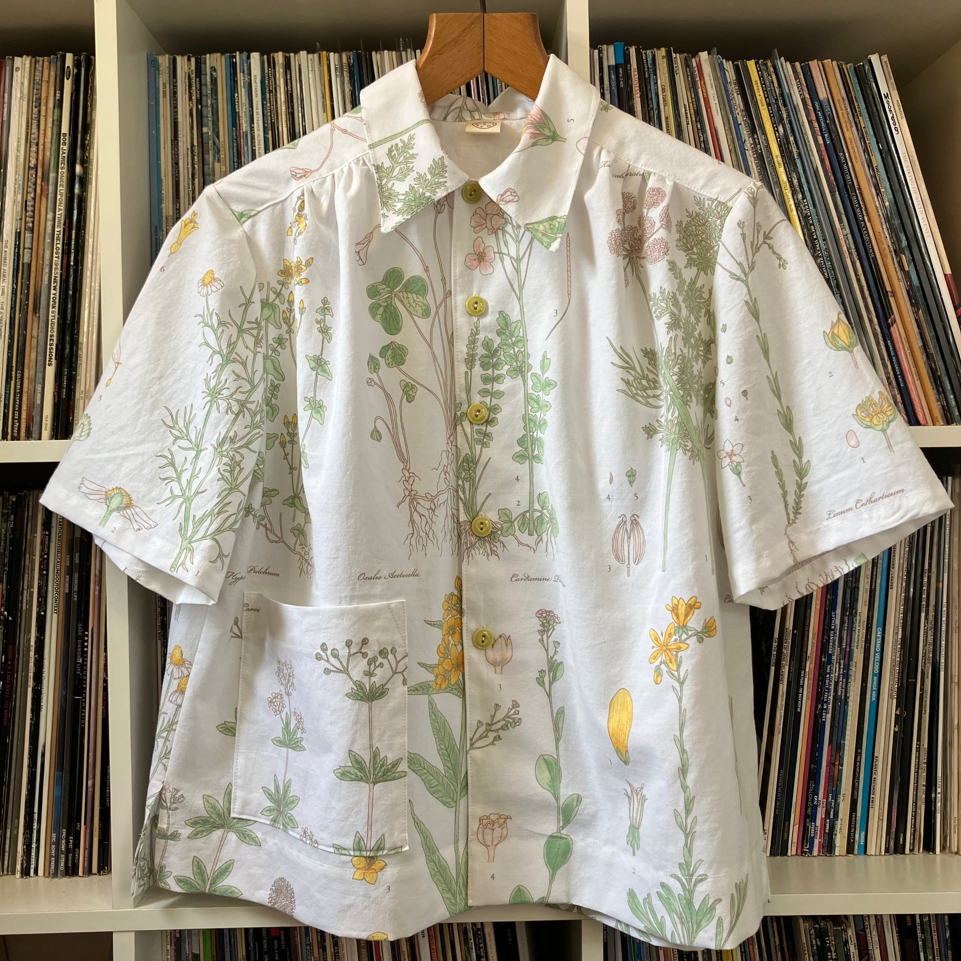 botanical print shirt made from recycled vintage bedding