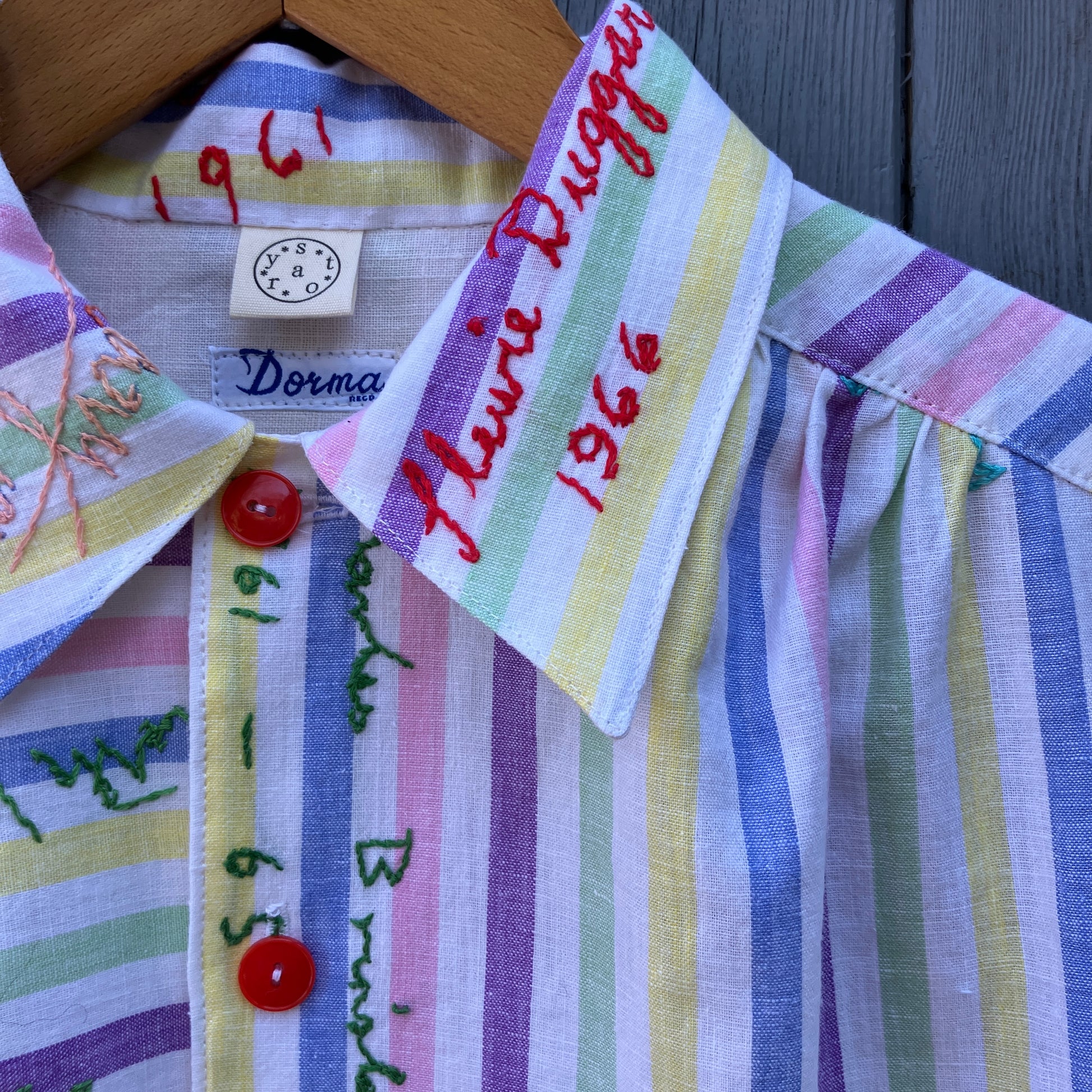 Totally unique ruffle shirt made from a soft cotton reclaimed vintage candy stripe bedsheet adorned with embroidered signatures!