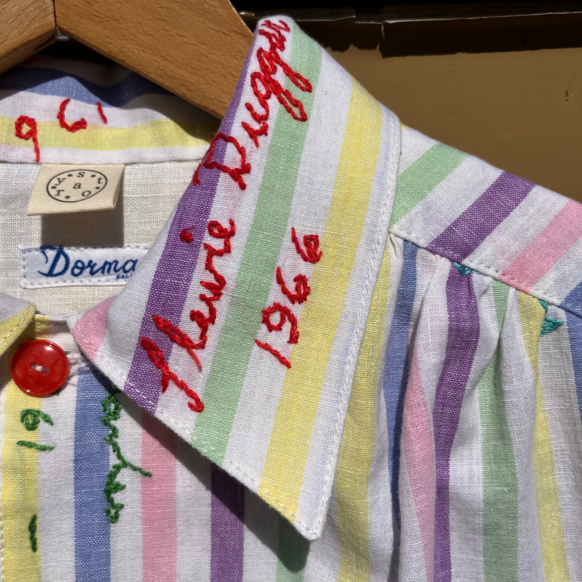 Totally unique ruffle shirt made from a soft cotton reclaimed vintage candy stripe bedsheet adorned with embroidered signatures!