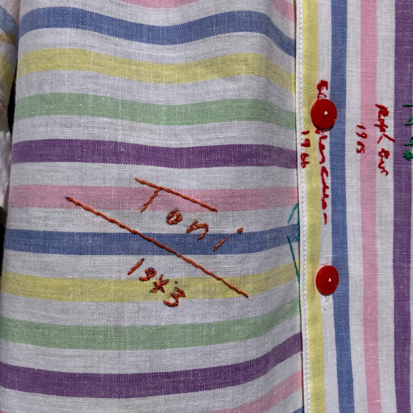 Totally unique ruffle shirt made from a soft cotton reclaimed vintage candy stripe bedsheet adorned with embroidered signatures!