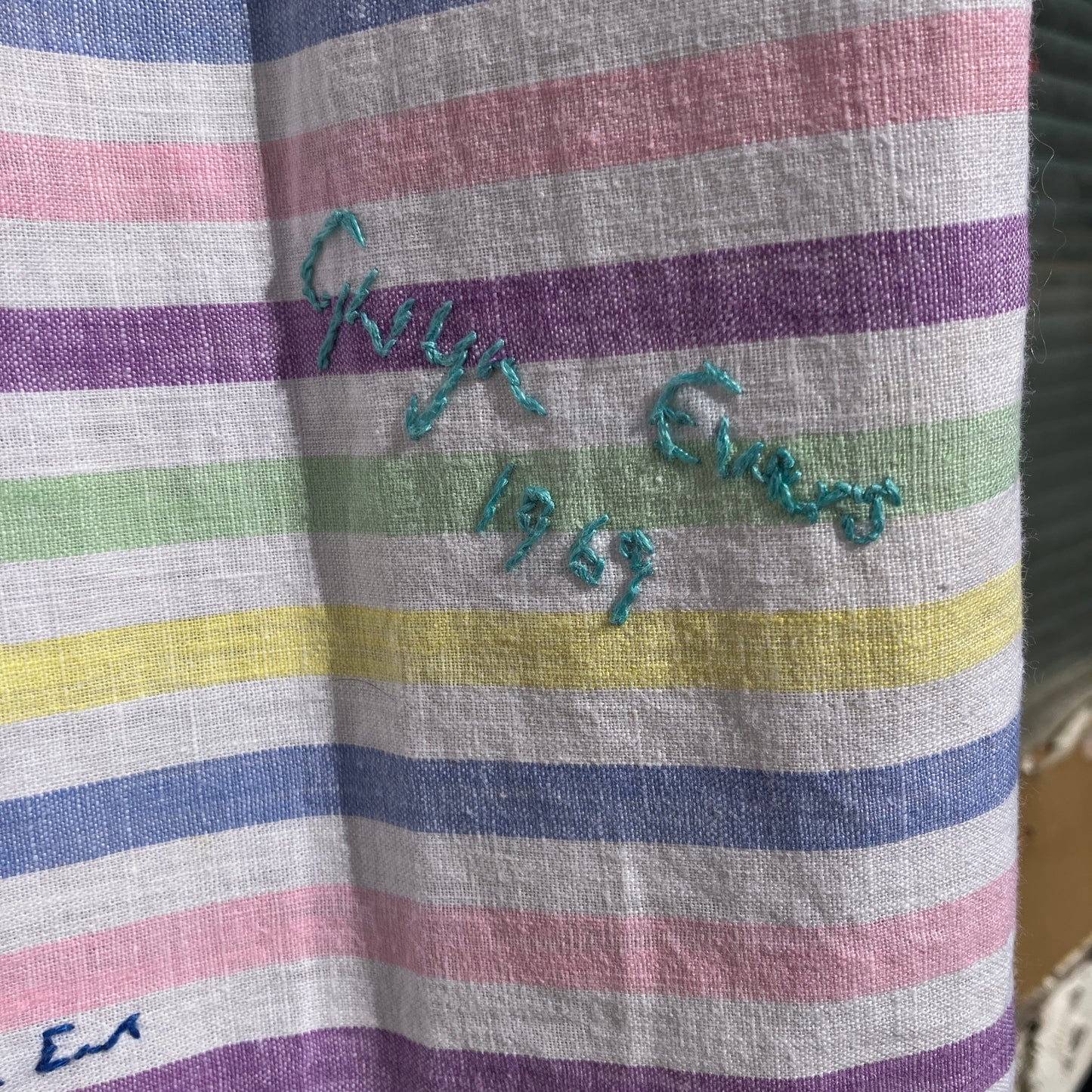 Totally unique ruffle shirt made from a soft cotton reclaimed vintage candy stripe bedsheet adorned with embroidered signatures!