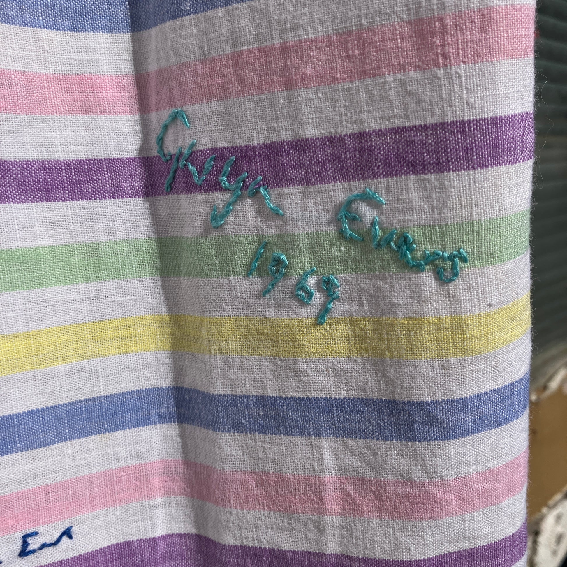 Totally unique ruffle shirt made from a soft cotton reclaimed vintage candy stripe bedsheet adorned with embroidered signatures!