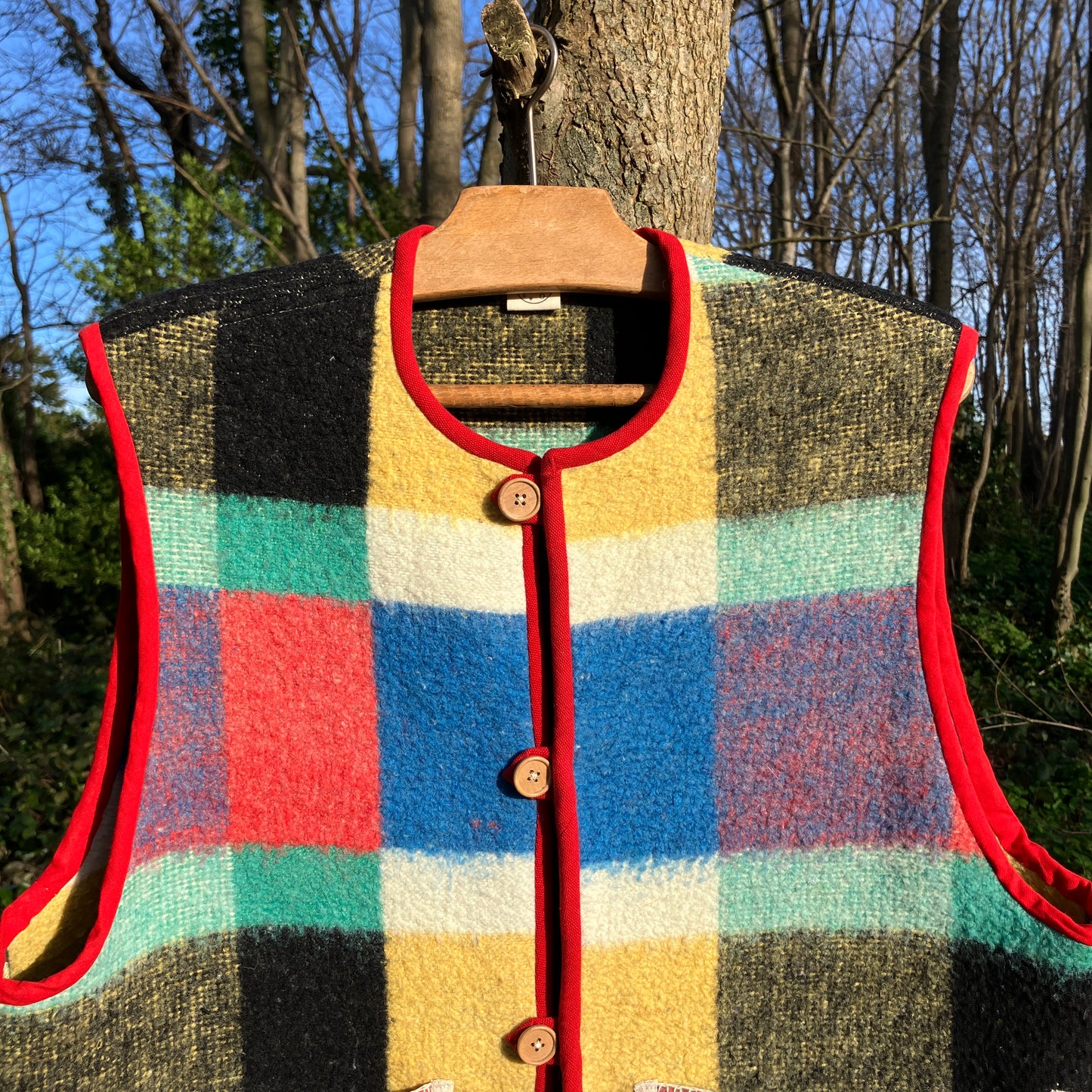Multicoloured check recycled blanket vest