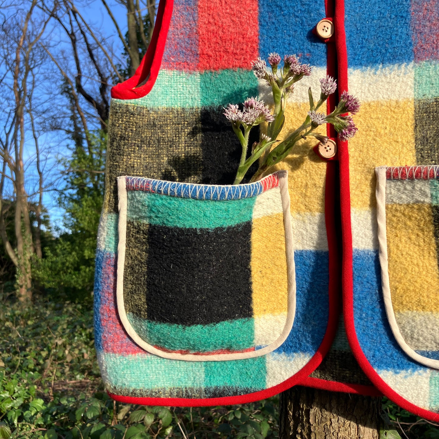Multicoloured check recycled blanket vest