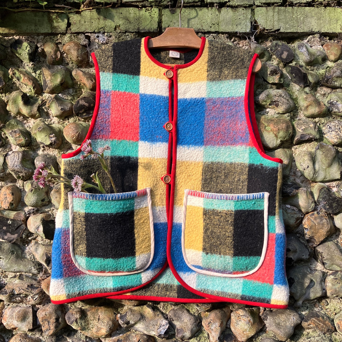 Multicoloured check recycled blanket vest