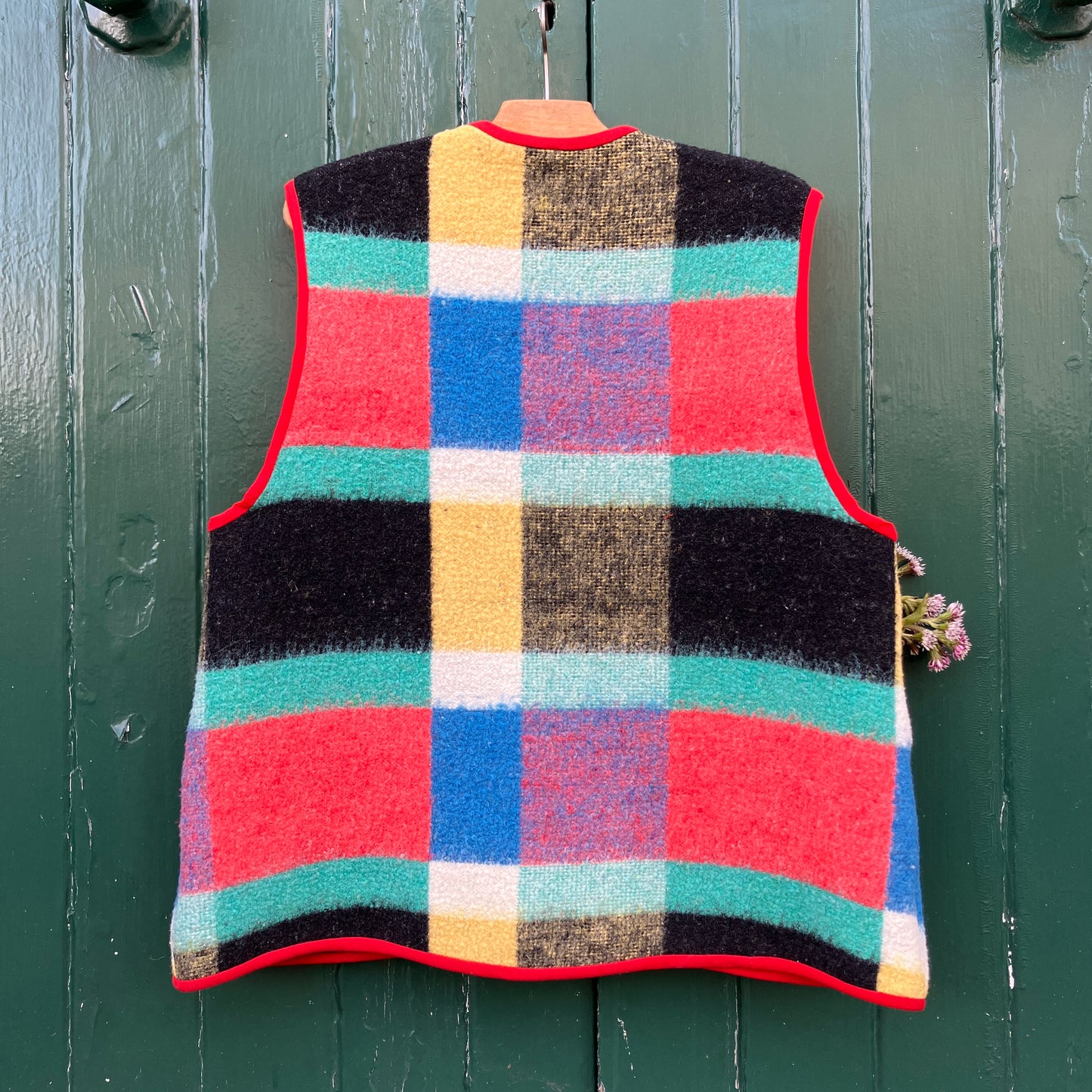 Multicoloured check recycled blanket vest